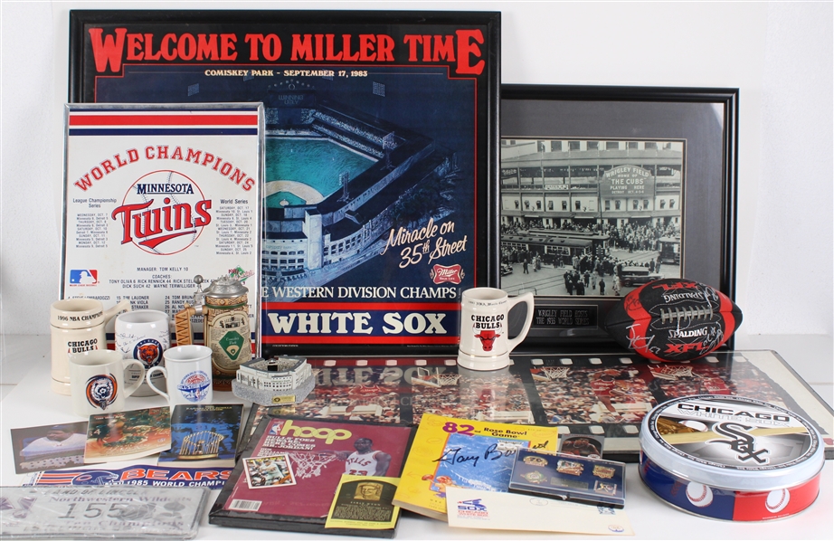 1980s-2000s Baseball, Basketball, Football 26x32 Framed Prints, Mugs, Media Guides & more (Lot of 55+)