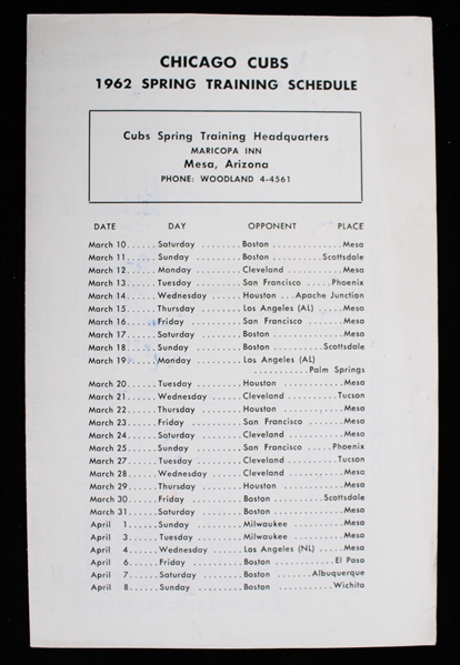 1962 Chicago Cubs Spring Training Roster and Season Schedule Pamphlet