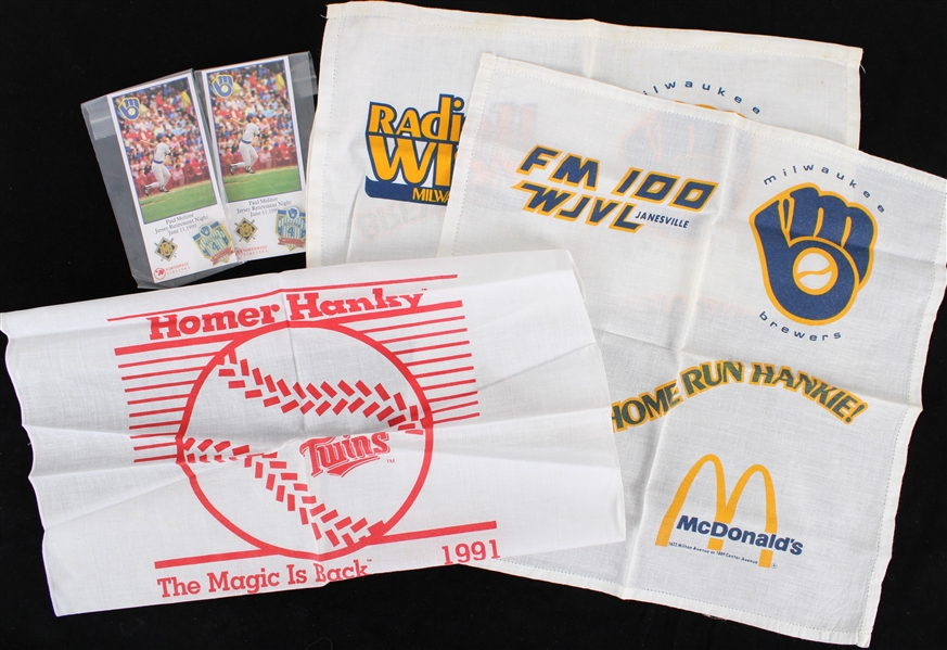 1990s Milwaukee Brewers Homerun Hankees and Two Paul Molitor Milwaukee Brewer Jersey Retirement 1" Pins (Lot of 5)
