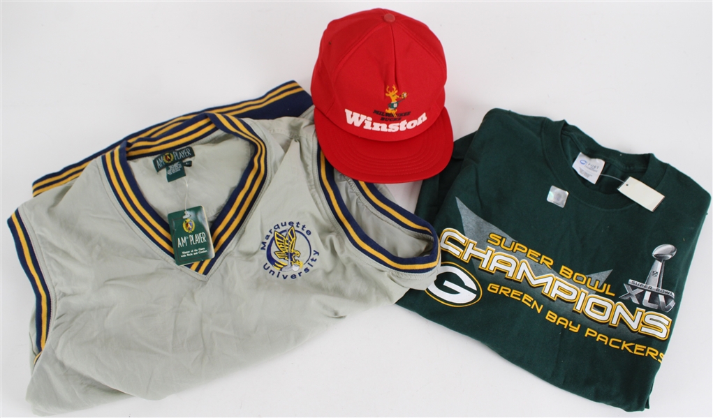 1980s-2010s Wisconsin Sports Memorabilia Collection - Lot of 3 w/ Packers Super Bowl XLV Shirt, Bucks Winston Snapback Hat & Marquette Golf Vest