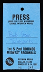 1982 Bob Stone Telesports NCAA Mens Basketball Tournament Midwest Regional Press Pass