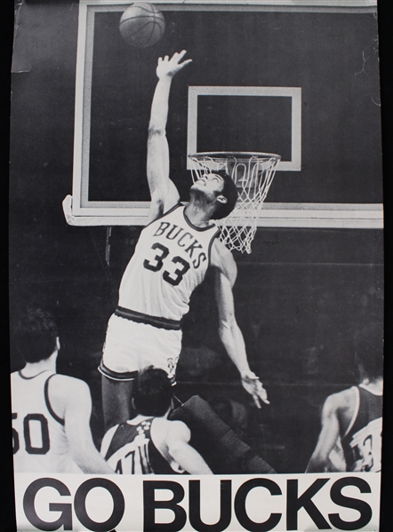 1970s Kareem Abdul Jabbar Milwaukee Bucks 19" x 29" Go Bucks Poster