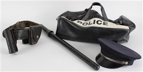 1960s-70s Vintage Police Memorabilia Collection - Lot of 4 w/ Bag, Billy Club, Hat & Belt