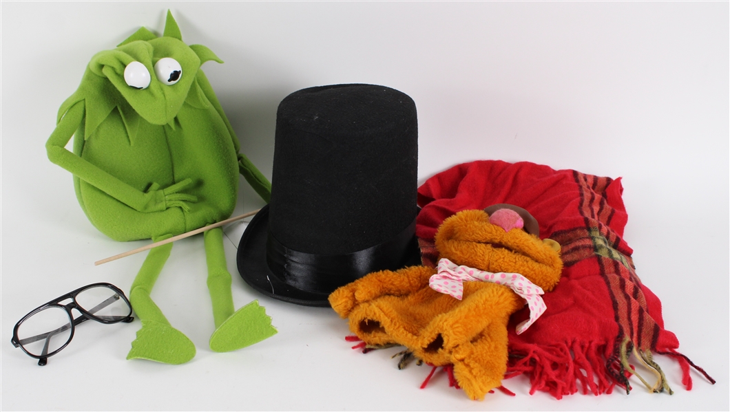 1980s-2000s Kermit The Frog and Fozzie Bear Hand Puppets + Stove Pipe Hat, Red Scarf & Glasses