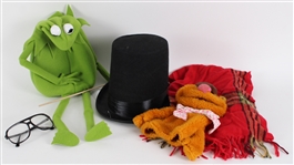 1980s-2000s Kermit The Frog and Fozzie Bear Hand Puppets + Stove Pipe Hat, Red Scarf & Glasses