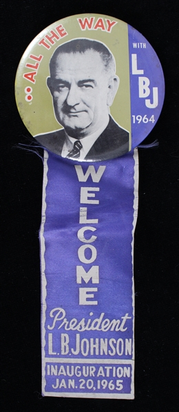 1965 Lyndon B. Johnson 3.5" Pusback Button with 6" Inauguration Ribbon
