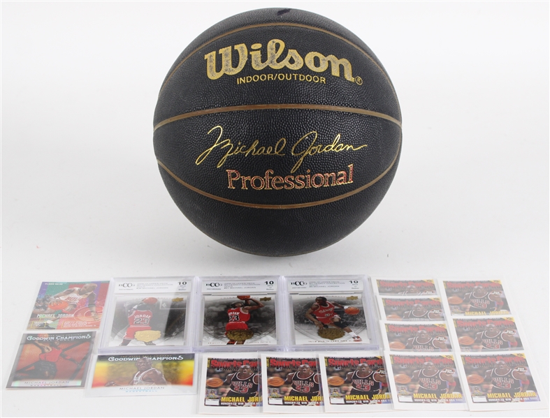 1990s Michael Jordan Chicago Bulls Black Wilson Professional Model Basketball + 16 Basketball Cards w/ 3 Slabbed