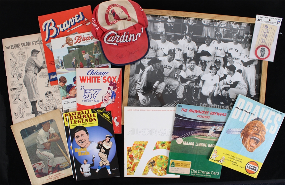 1950s-90s Baseball Memorabilia Collection - Lot of 13 w/ 1952 Boston Red Sox Framed Team Photo, Milwaukee Braves Programs, Stan Musial Signed Hat & More (JSA)