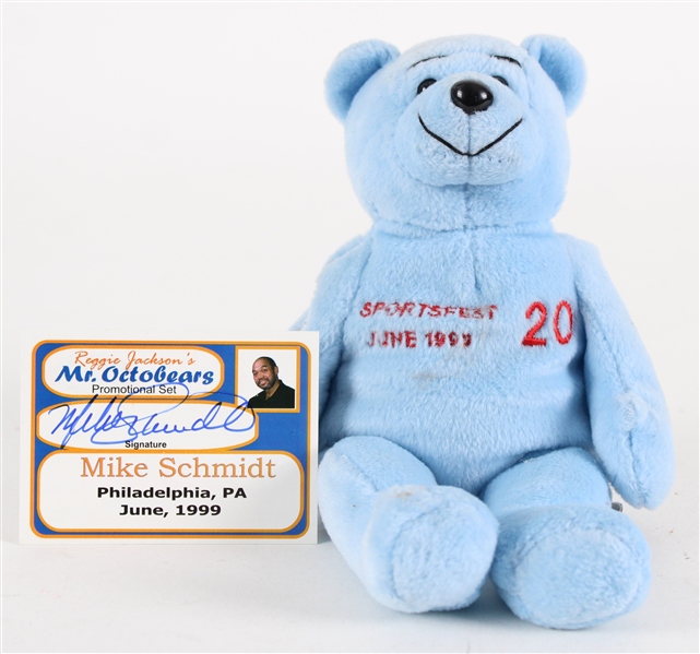 1999 Mike Schmidt Philadelphia Phillies Reggie Jacksons Mr. Octobears Plush Bear w/ Signed Card (JSA / Reggie Jackson Personal Collection)