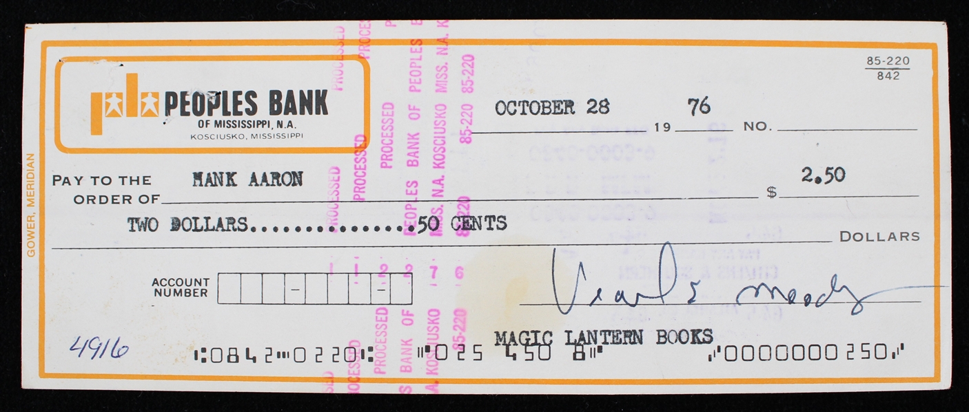 1976 Hank Aaron Atlanta Braves Signed Peoples Bank of Mississippi Check