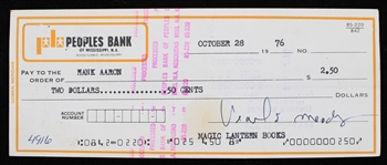 1976 Hank Aaron Atlanta Braves Signed Peoples Bank of Mississippi Check