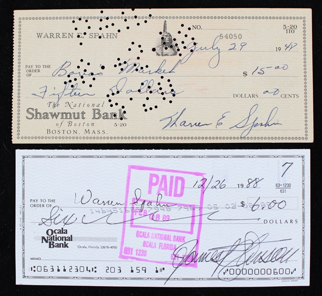 1948-88 Warren Spahn Milwaukee Braves Signed Checks - Lot of 2