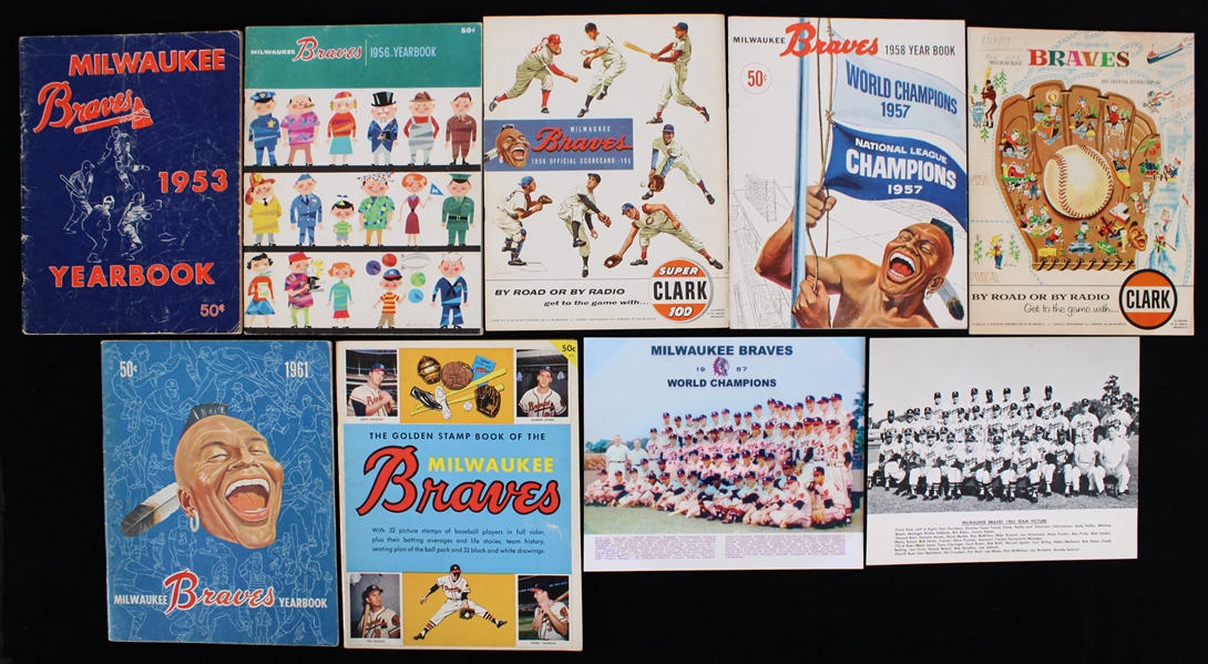 1953-1962 Milwaukee Braves Yearbooks, Team Photos, Stamp Album (Lot of 9)