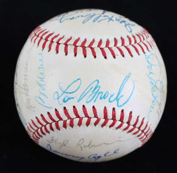 1981 Hall of Famer & Stars Multi Signed OAL Brown Baseball w/ 18 Signatures Including Lou Brock, Ernie Banks, Billy Williams & More *Full JSA Letter*