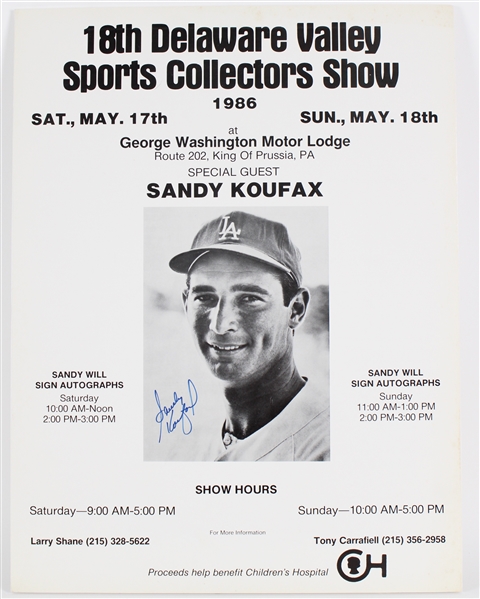 1986 Sandy Koufax LA Dodgers Signed 19x25 Foam Core Sports Collectors Show Broadside (JSA)