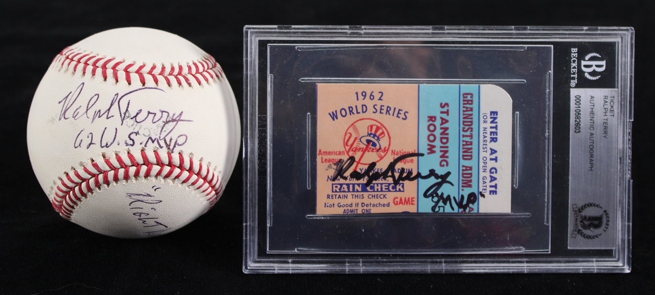 1962-2009 Ralph Terry New York Yankees Signed OML Selig Yankee Stadium Inaugural Season Baseball & Beckett Slabbed 1962 World Series Ticket Stub (JSA)