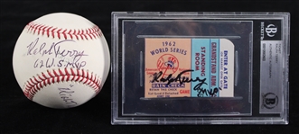 1962-2009 Ralph Terry New York Yankees Signed OML Selig Yankee Stadium Inaugural Season Baseball & Beckett Slabbed 1962 World Series Ticket Stub (JSA)