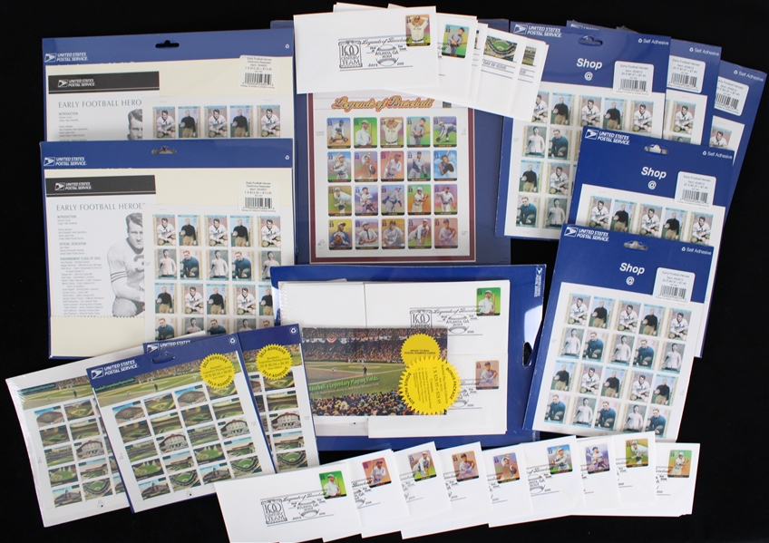 2000s Baseball & Football First Day of Issue Postmarked Envelopes & Sealed Stamp Sheets - Lot of 43