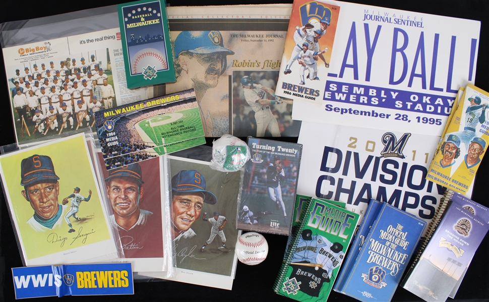 1969-2010s Milwaukee Brewers Memorabilia Collection - Lot of 100 w/ Team Publications, Seattle Pilots Wheeldon Portraits, 1970 Brewers Card Book, McDonalds Instructional Booklets & More