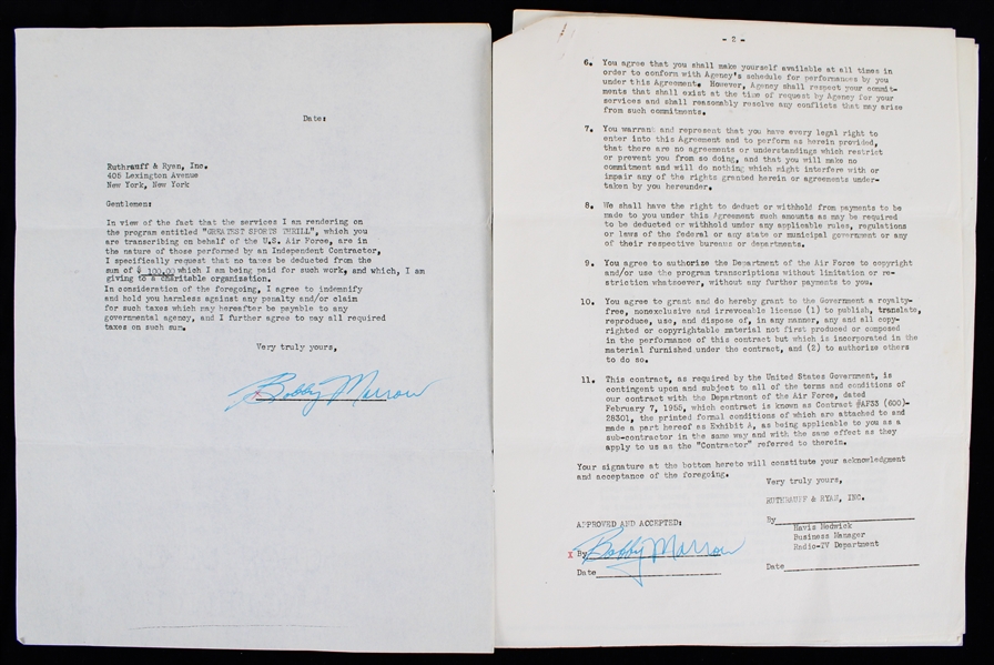 1955 Bobby Marrow Sprinter Secretarial Signed "Greatest Sports Thrill" Radio Program Contract 