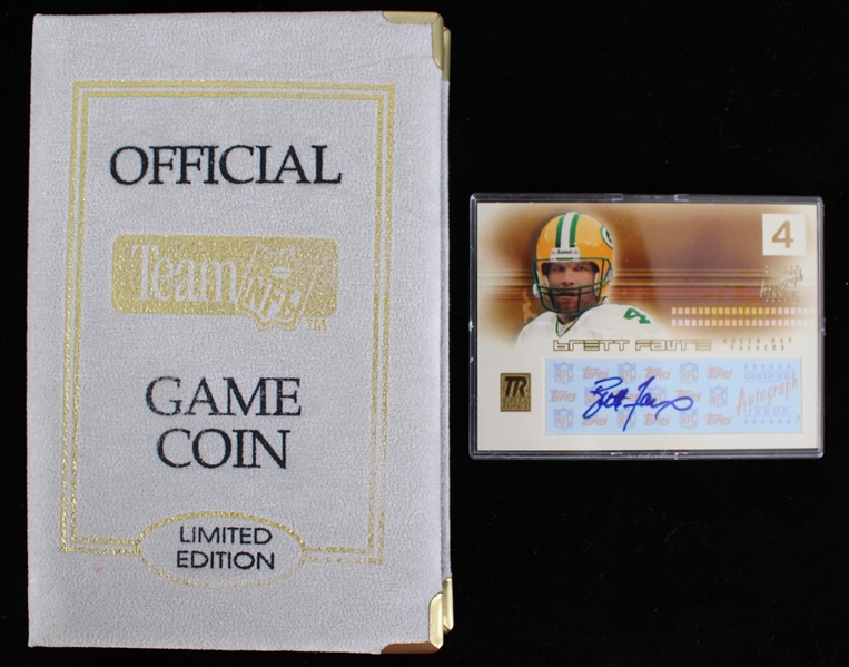 1997-2002 Green Bay Packers SB XXXI Game Coin w/ Brett Favre Signed Topps Card (Lot of 2)
