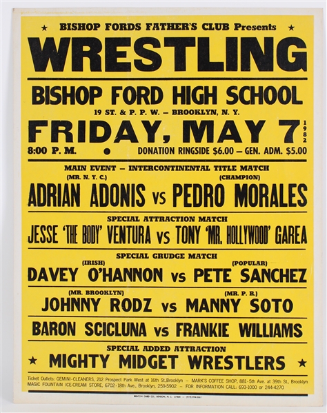 1982 Jesse "The Body" Ventura vs "Mr Hollywood" 22"x28" Wrestling Broadside 
