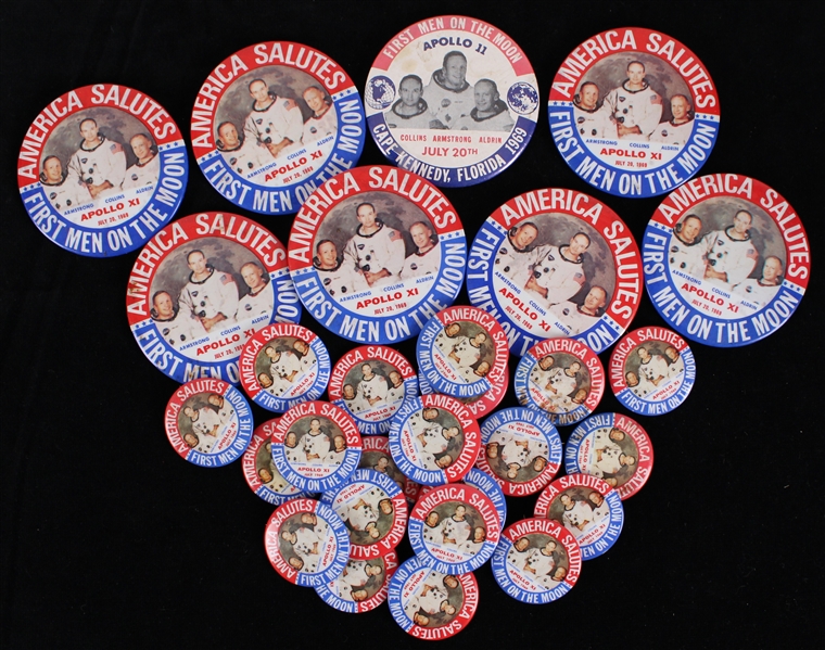 1969 Mint New Old Store Stock Apollo XI First Men on the Moon 2"-3.5" Pinback Buttons (Lot of 20+)