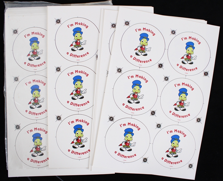 1990s Jiminy Cricket 8"x13" Original Pinback Button Proof Sheets (Lot of 25+)