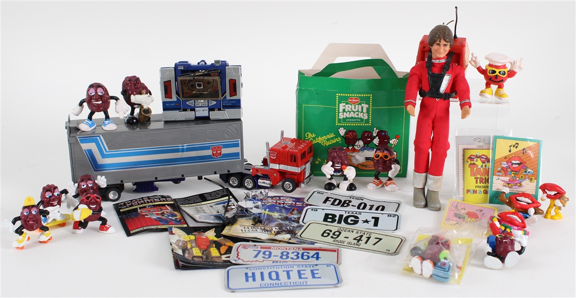 1970s-80s Classic Toy Collection  Lot of 29 w/ Talking Backpack Mork from Ork, Optimus Prime Transformers, California Raisins, Kool Aid Man & More