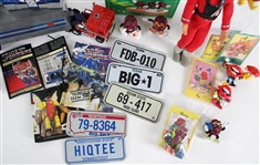 1970's-80's Classic Toy Collection  Lot of 29 w/ Talking Backpack Mork from Ork, Optimus Prime Transformers, California Raisins, Kool Aid Man & More