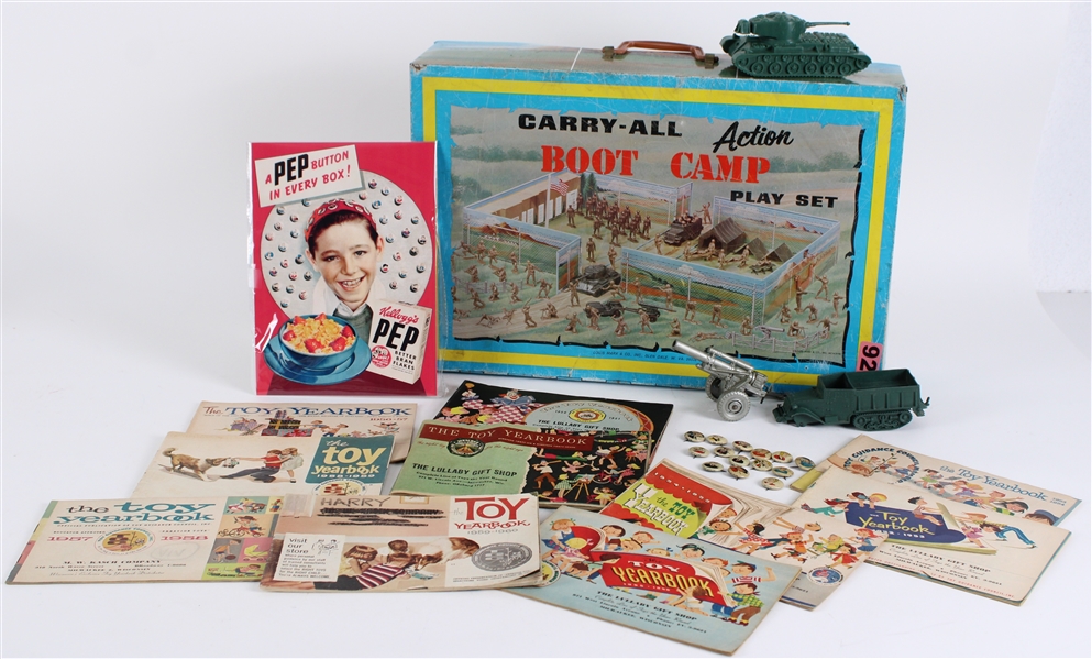 1940s-60s MARX Carry All Boot Camp 13"x19" Playset w/ Toy Yearbooks & more (Lot of 20+)
