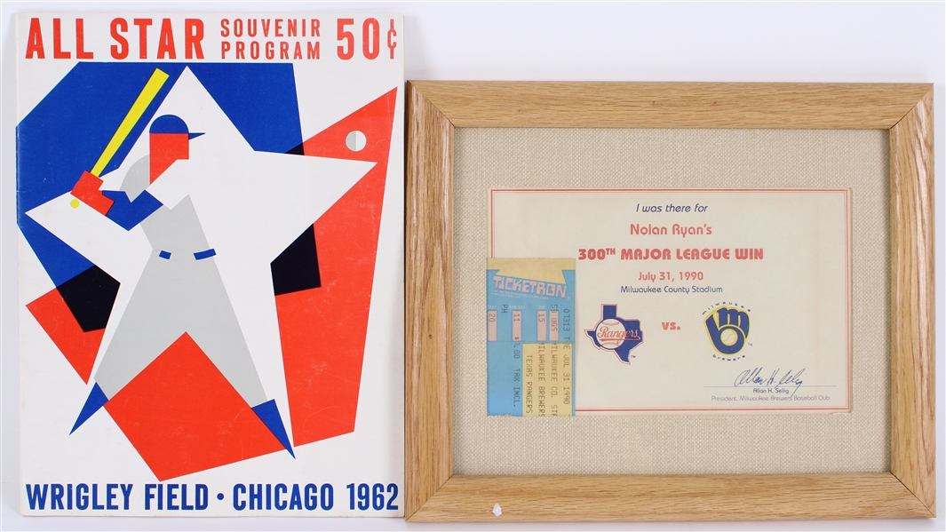 1962-1990 All Star Program Chicago & Nolan Ryans 300th Win Framed Ticket Stub (Lot of 2) 