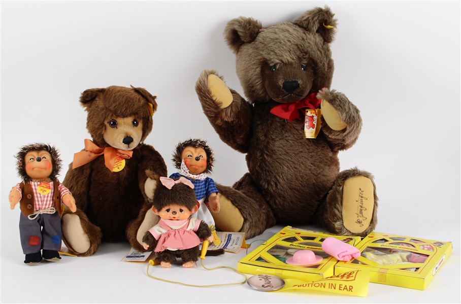 1980s Vintage Steiff Bears Teddy Bears + Monchhichi w/ Accessories - Lot of 7