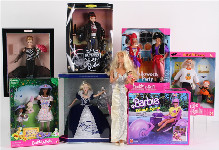 1970s-90s Barbie Doll Collection - Lot of 9 w/ 1976 18" Barbie, mini 2.5" Barbie Baby Doll & (7) MIB Barbies