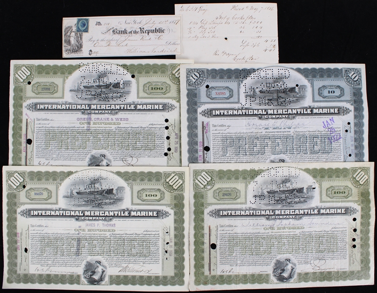 1850s-1910s Titanic History - International Mercantile Marine Stock Certificates (Lot of 6)