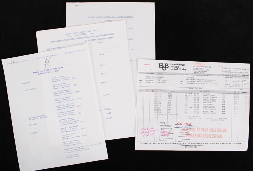 1980 Milwaukee Brewers Baseball Club Investors & Invoice (Lot of 6)