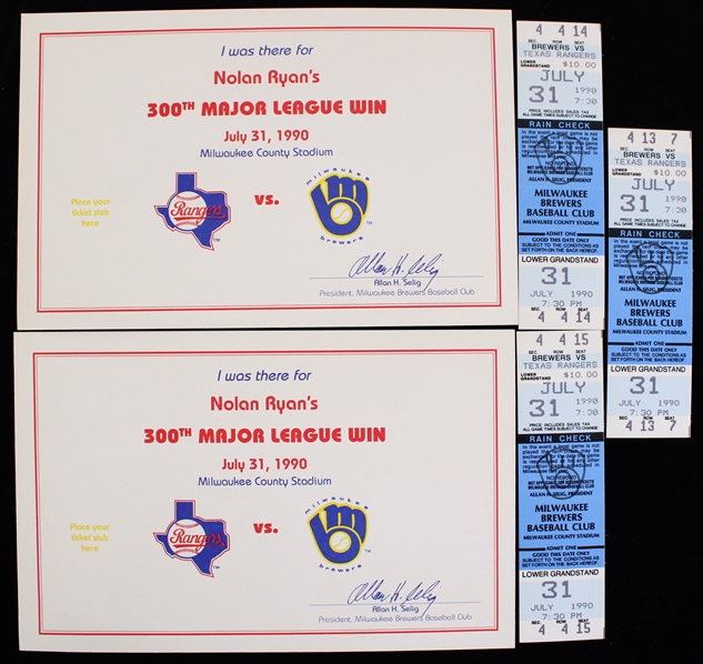 1990 Nolan Ryan 300th Major League Wins Rangers vs Brewers 5"x8" Certificates w/ Full Tickets (Lot of 5)