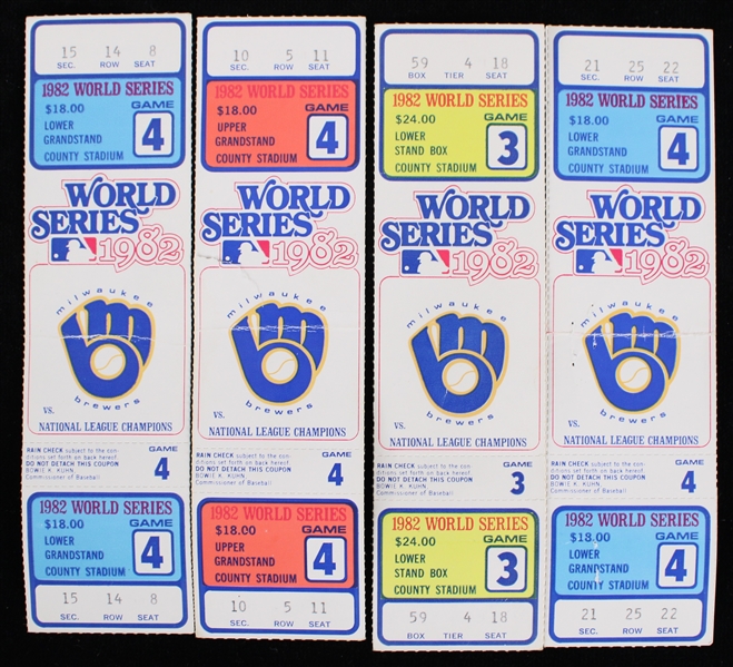 1982 Milwaukee Brewers World Series Game 3 & 4 Full Tickets (Lot of 4)