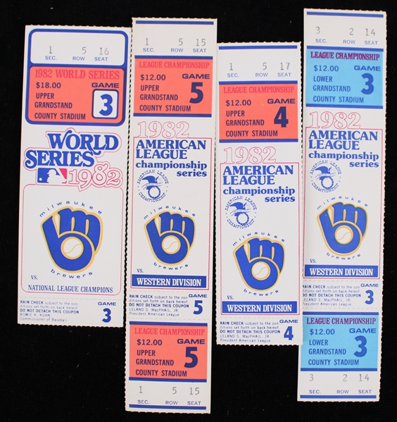 1982 Milwaukee Brewers World Series Games 3-5 Full and Ticket Stubs (Lot of 4)