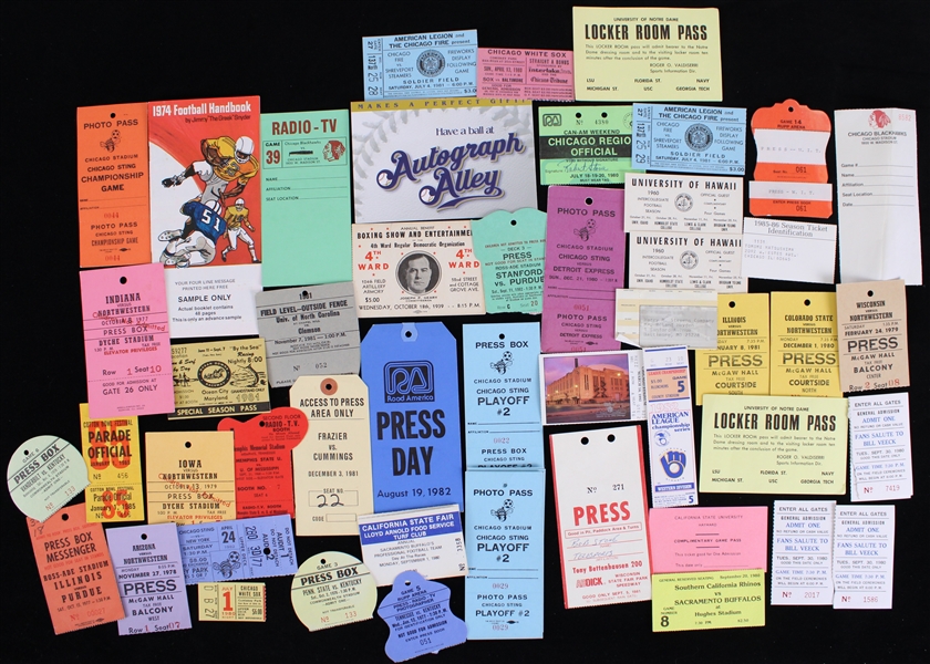1960s-80s Baseball Football Basketball Press / Photo Pass & Ticket Stub Collection - Lot of 50