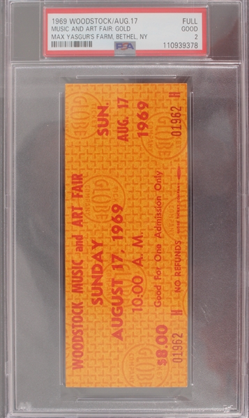 1969 (Aug 17) Woodstock Max Yasgurs Farm Full Ticket (PSA Slabbed Good 2)