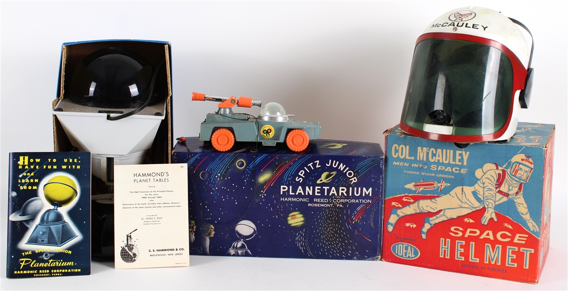 1950s-60s Spitz Junior Planetarium w/ Col. McCauley Ideal Space Helmet & Vehicle (Lot of 3) 