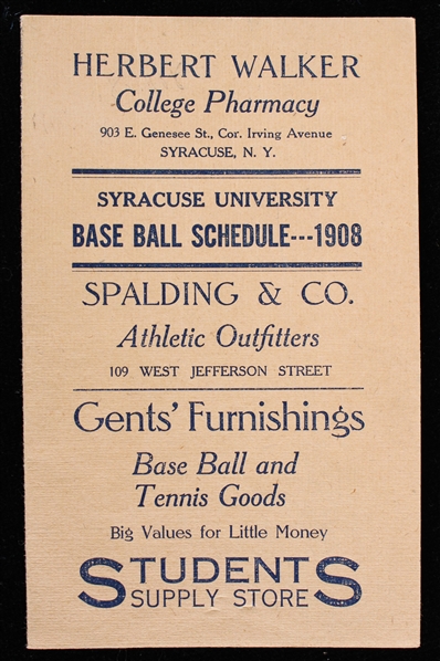 1908 Syracuse University 3.5"x5.5" Baseball Schedule 