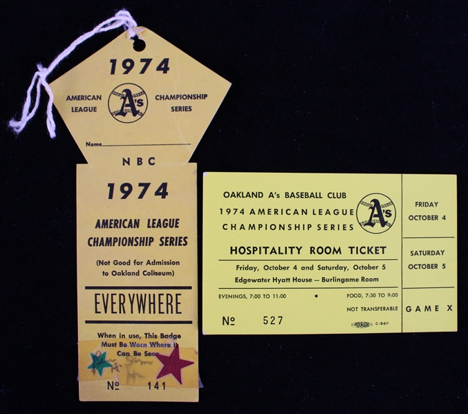 1974 Oakland As American League Champion Series Press Pass & Hospitality Room Ticket (Lot of 2)