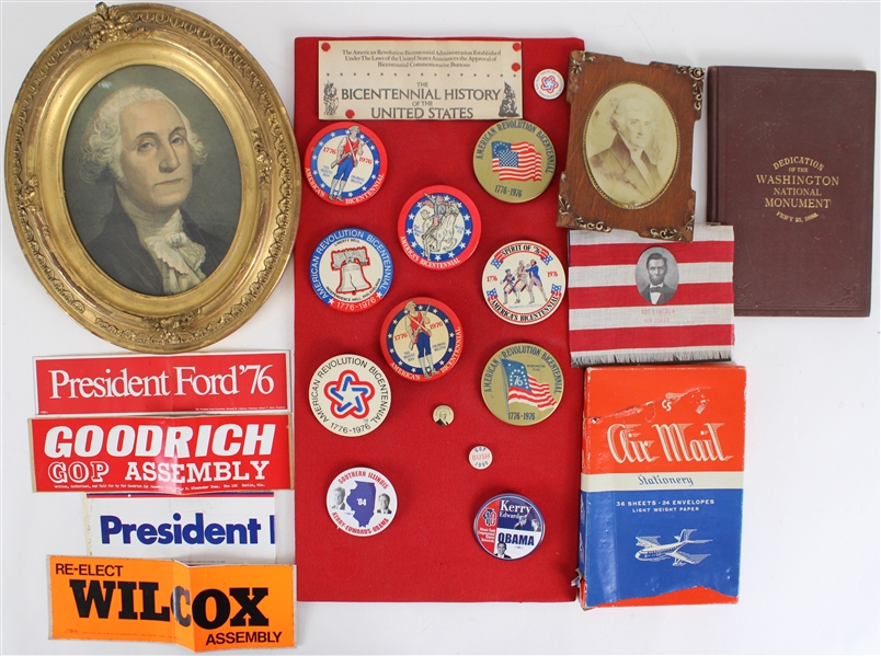 1970s-2000s Presidential Pinbacks, 13"x15" George Washington Framed Print & more (Lot of 10)