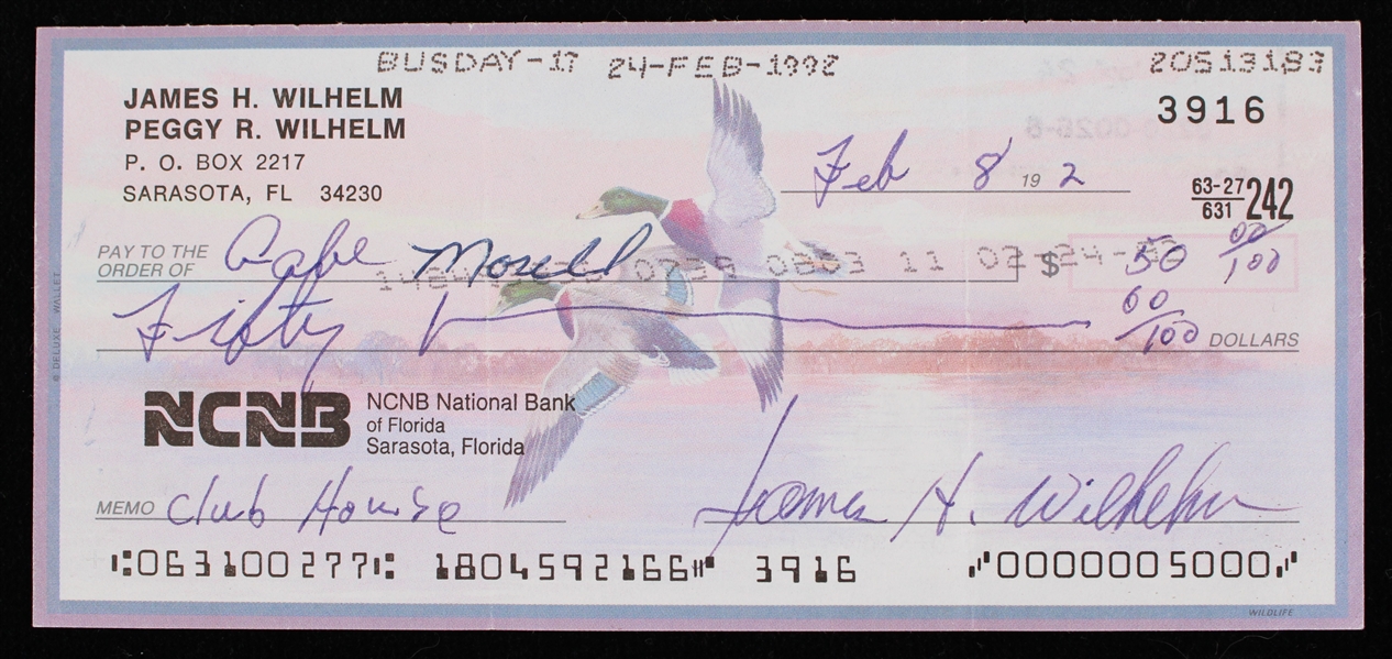 1922-2002 James Hoyt Wilhelm NY Giants Signed Check (Beckett)