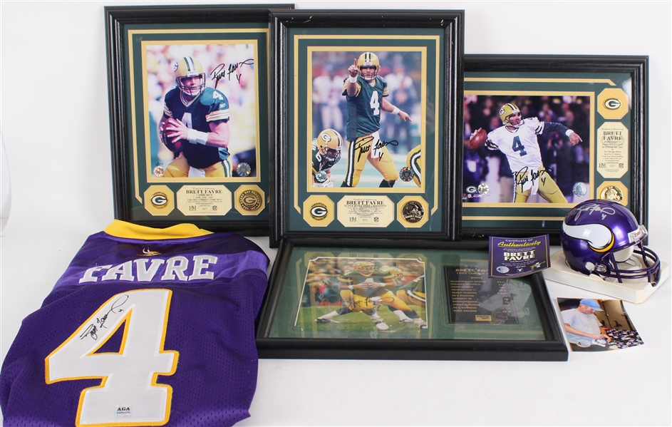 1992-2010 Brett Favre Green Bay Packers Signed Jersey, Framed Photos, Mini Helmet (Lot of 6)(Favre Holograms)