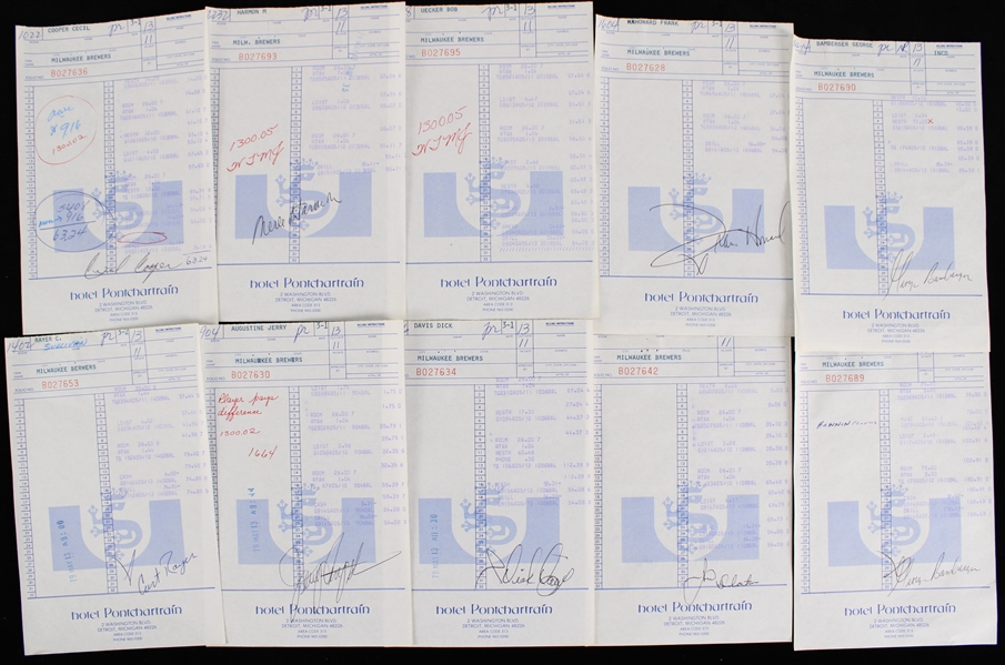 1979 Cecil Cooper, George Bamberger & more Milwaukee Brewers Signed Hotel Pontchartrain Receipts (Lot of 10) 