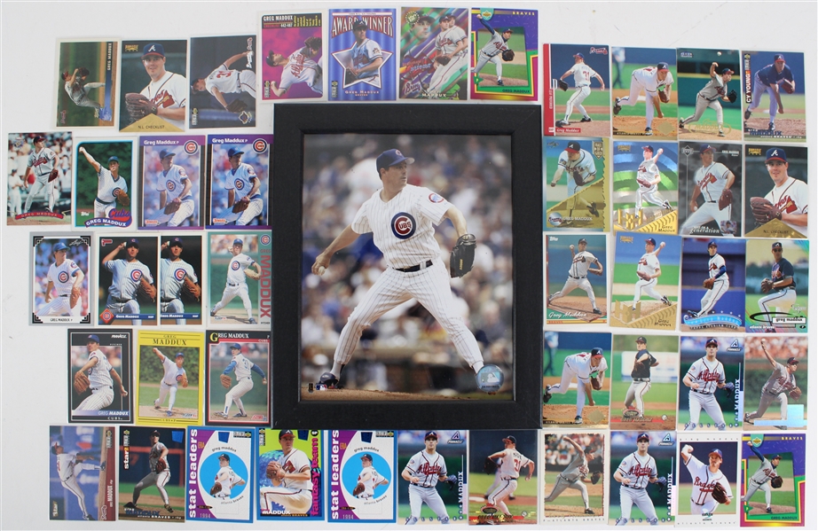 1980s-90s Greg Maddux Cubs / Braves Memorabilia Collection - Lot of 46 w/ Baseball Trading Cards and 9.5" x 11.5" Framed Photo