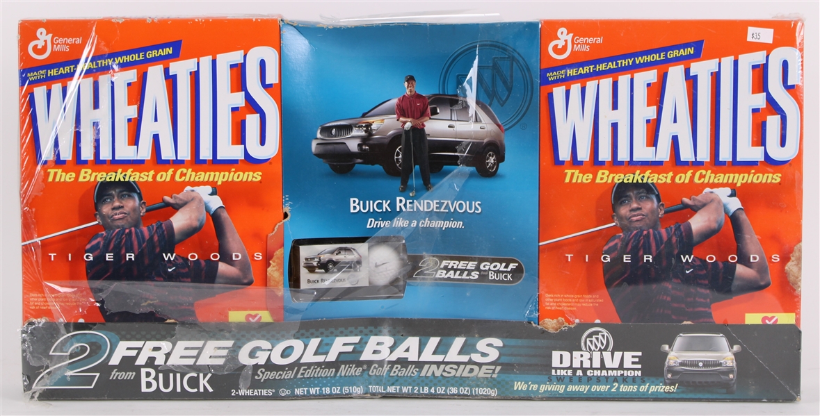 2002 Tiger Woods PGA Champion Buick Dual Wheaties Box Package w/ Nike Golf Balls 